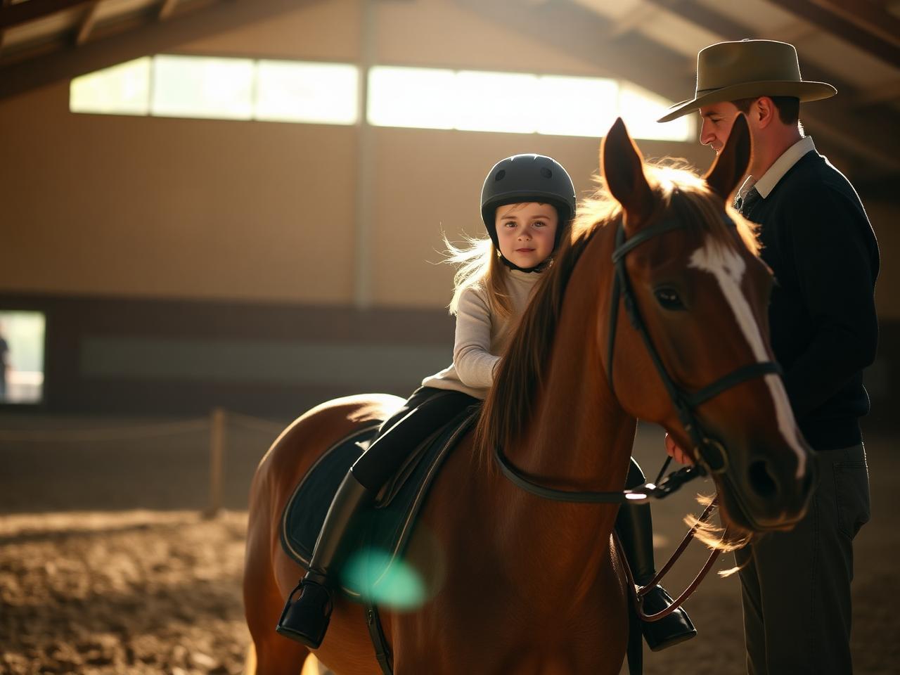 Lezione di equitazione nel maneggio coperto